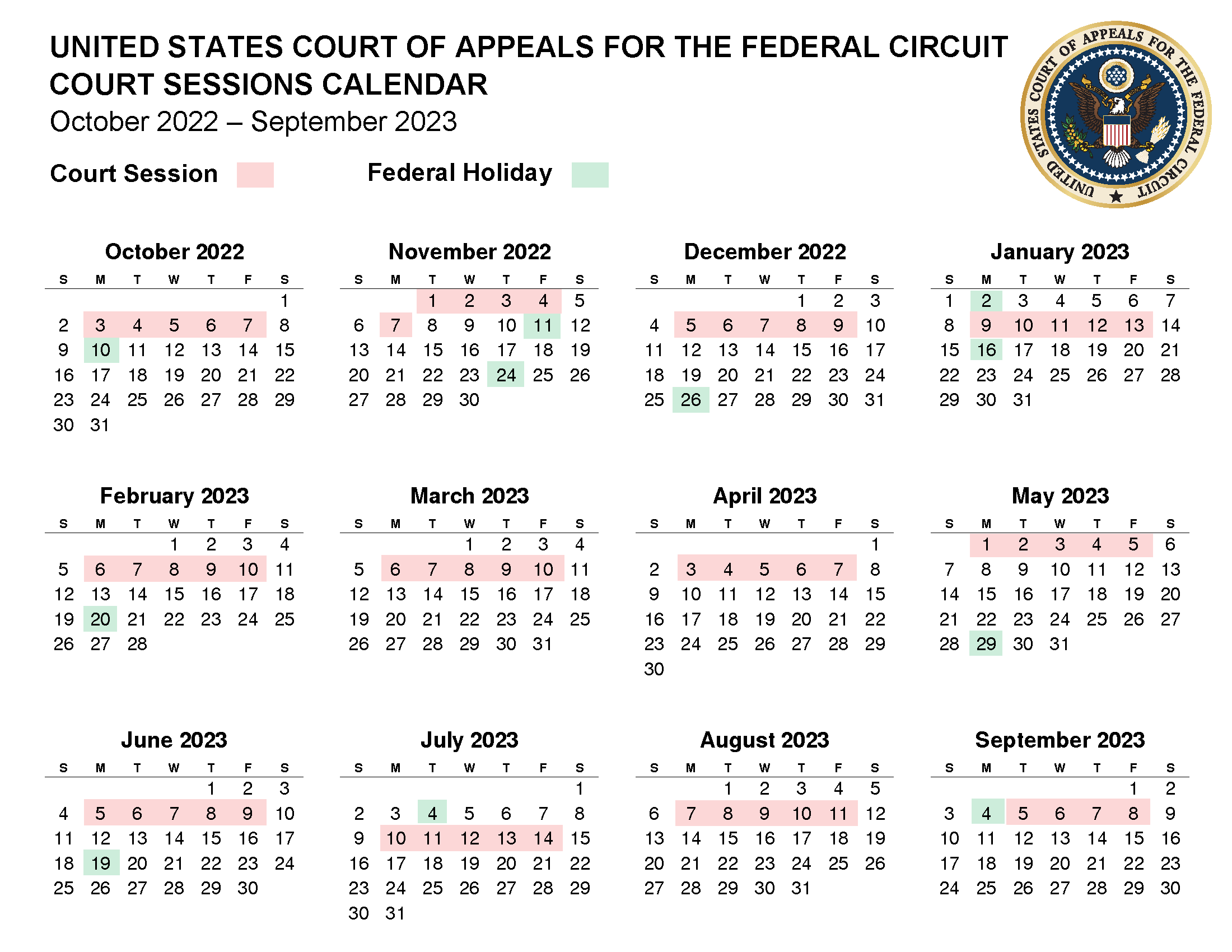 Court Sessions Calendars U.S. Court of Appeals for the Federal Circuit